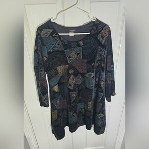 Maxima Womens Geo Abstract Print Black Velvet Long Sleeve Dress Large